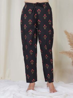 ARAMYA - Black Soft Cotton Floral Pants for Women
