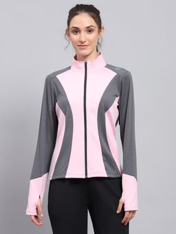 Rock.it - Women Solid Pink and Grey Mock Neck Full Sleeve Sweatshirt