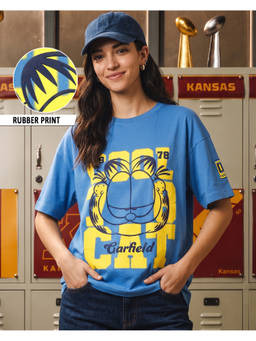 Bewakoof - Garfield Blue Cool Cat Graphic Printed Oversized T-shirt