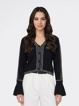 Monte Carlo - Black Womens Regular Fit Full Sleeve V-Neck Jacquard Winter Top