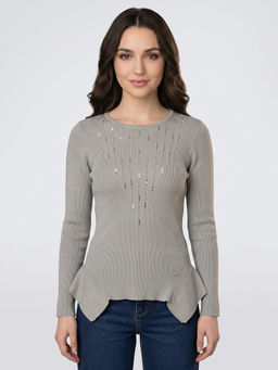 Monte Carlo - Grey Womens Regular Fit Full Sleeve Round Neck Self Designed Winter Top
