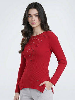 Monte Carlo - Red Womens Regular Fit Full Sleeve Round Neck Self Designed Winter Top