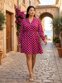 Qurvii - Magenta Polka Collared Fit And Flare Dress