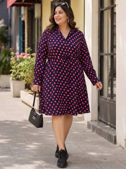 Qurvii - Navy Blue Polka Collared Fit And Flare Dress
