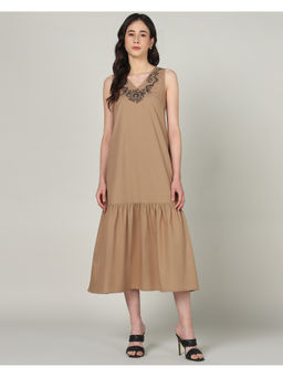 Sands of India - Women’s Mocha Embroidered Sleeveless Midi Dress