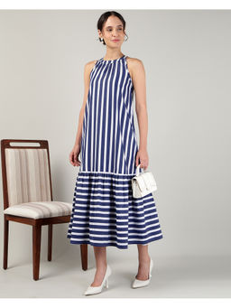 Sands of India - Women’s Blue Off-White Striped Halter Neck Flounce Hem Dress