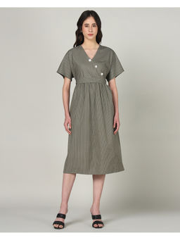 Sands of India - Women’s Olive Striped Wrap-Front with Waist Tie Midi Dress