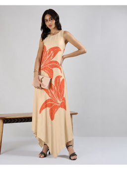 Sands of India - Women Floral Print Sleeveless Asymmetric Hem A-Line Maxi Novelle Beige Dress
