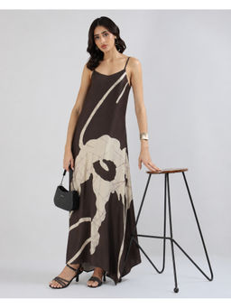 Sands of India - Women Abstract Print Asymmetric Hem A-Line Brown Maxi Dress