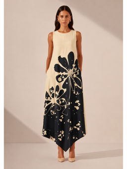 Sands of India - Women Floral Print Sleeveless Asymmetric Hem A-Line Maxi Novelle Beige Dress
