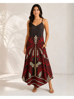 Sands of India - Women Floral Print Asymmetric Hem A-Line Brown Maxi Dress