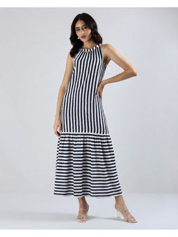 Sands of India - Women’s Black Striped Halter Neck Flounce Hem Dress