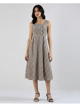 Sands of India - Women’s Brown Gingham Checked Calf-Length Pinafore Midi Dress