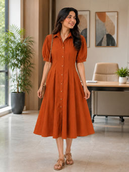 WineRed - Women Orange Waist Pleated Dress