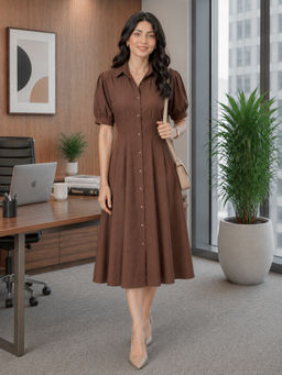 WineRed - Women Brown Waist Pleated Dress