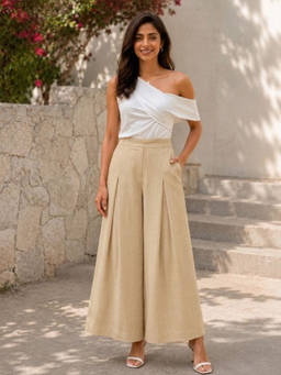 AAREIN - Beige Textured High-Rise Pleated Palazzo