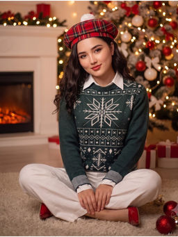 Style Quotient - Women Self Design Green Christmas Ugly Sweater