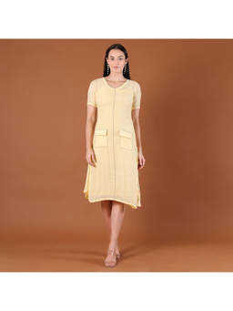 CLASYY - Lemon Yellow A-Line with Patch Pockets Midi Dress