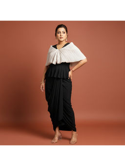 CLASYY - Black Draped with Silver Pleated Ruffle Maxi Dress
