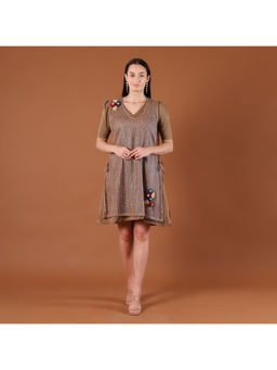 CLASYY - Brown Sequin A-Line with 3D Floral Mini Dress
