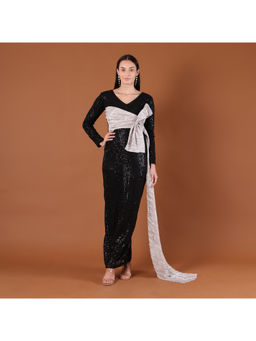 CLASYY - Black All-Over Sequin with Silver Bow Sash Maxi Dress