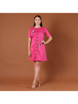 CLASYY - Hot Pink Puff-Shoulder A-Line Mini Dress