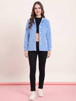 JAKANARY - Blue Solid Hoodie Faux Fur Jacket