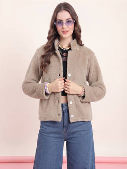 JAKANARY - Beige Solid Faux Fur Jacket