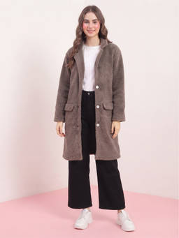 JAKANARY - Charcoal Solid Faux Fur Long Jacket