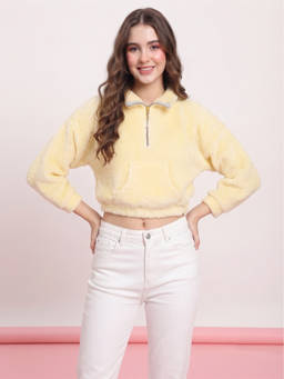 JAKANARY - Yellow Solid Faux Fur Crop Jacket