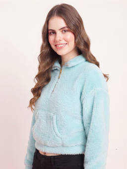 JAKANARY - Aqua Solid Faux Fur Crop Sweatshirt