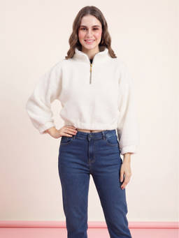JAKANARY - Off White Solid Faux Fur Crop Jacket