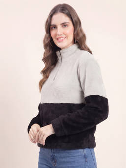 JAKANARY - Grey color block Solid Faux Fur Jacket
