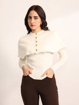 Kazo - Off White Winter Top With Detachable Cape