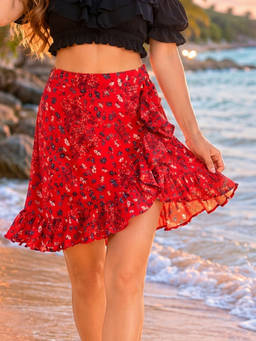 Sera - Red Chiffon Wrap Mini Skirt