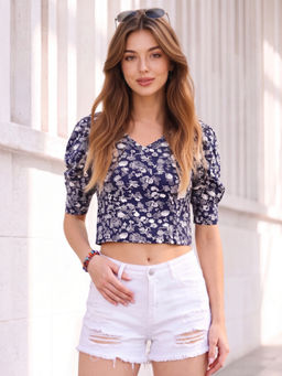 Sera - Navy Blue Rayon Floral Bohemian Crop Top