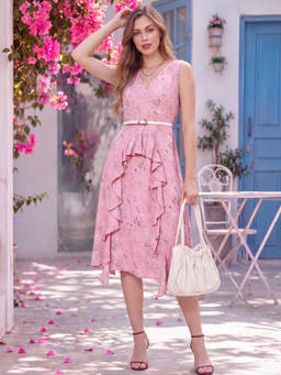Sera - Pink Sera V-Neck Fit and Flare Printed Sleeveless Midi Dress with Belt