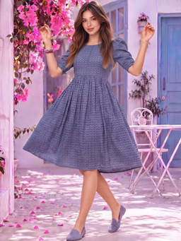 Sera - Blue Sera Fit and Flare Volume Sleeve Dress
