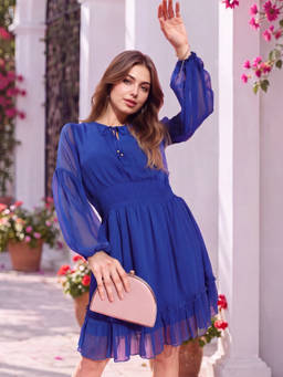 Sera - Blue Chiffon Tie Up Waisted Dress