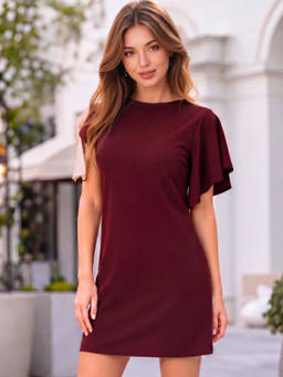 Sera - Maroon Sera Crew Neck Bodycon Solid Short Sleeves Dresses