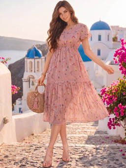 Sera - Women Peach Floral Chiffon Dress