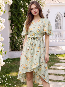 Sera - Green Cotton Belted Asymmetric Dress