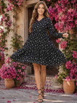 Sera - Black Printed Fit and Flare V-Neck Mini Dresses
