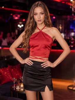 Sera - Red Satin Halter Neck Crop Top