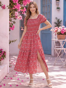 Sera - Red Crepe Smocked Front Slit Dress