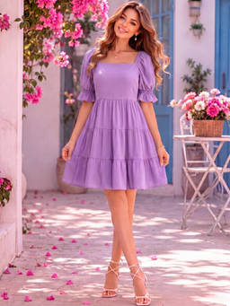 Sera - Classics Purple Tiered with Puffed Sleeve Dress