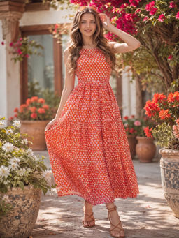 Sera - Orange Cotton Boho Fit and Flared Dress