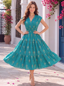 Sera - Aqua Premium Cotton Floral Boho Midi Dress
