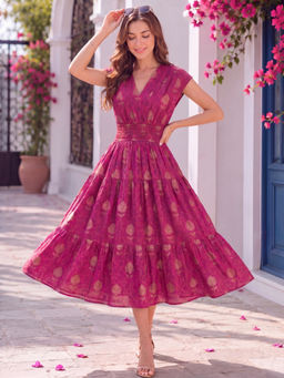 Sera - Pink Premium Cotton Floral Boho Midi Dress