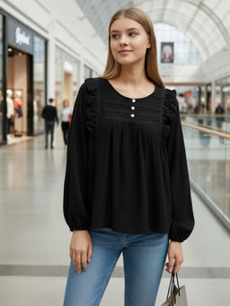 Sera - Black Korean Cotton Ruffle Top
